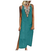 Women's Casual Vintage Sundress Long Dress Sleeveless Split Maxi Dresses Summer Beach Flowy Dress Cotton Linen Dress