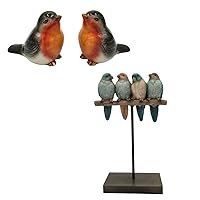 Comfy Hour Two Black Feather Orange Sparrows Birds Salt and Pepper & Polyresin Four Birds Sparrows Gathering On Stand Tabletop Decor, Bottle Stoneware Figurine, Set of 2