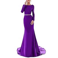 Women's Satin Long Sleeve Mermaid Prom Dress Jewel Neck Evening Dresses with Belt Beads Purple