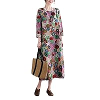 Cotton Linen Vintage Floral Print Dresses for Women Spring Autumn Long Sleeve Dress Elegant Dresses