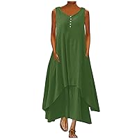 Womens Cotton Linen Button Maxi Tank Dress Flowy High-Low Layered Summer Beach Casual Loose A-Line Dresses Pockers