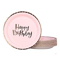 Pink Happy Birthday Paper Plates for 50 Count 9'' Rose Gold Foil Party Plates for Girl's Birthday Party