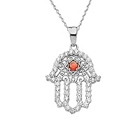 CHIC CUBIC ZIRCONIA & GENUINE GARNET HAMSA PENDANT NECKLACE IN WHITE GOLD - Gold Purity:: 10K, Pendant/Necklace Option: Pendant With 22