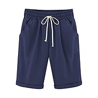 Women Linen Bermuda Shorts, Elastic Waist Short Pants Casual Summer Shorts for Ladies Solid Lounge Pants Track Bottoms
