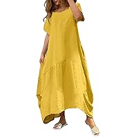 Womens Summer Cotton Linen Baggy Loose Long Maxi Dress Caftan Harem Oversized Kaftan Short Sleeve Solid Color Long Dress