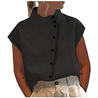 Women's Chiffon Blouses Solid Color Cotton Linen Standing Collar Button Short Sleeved Shirt Tshirts Shirts, S-2XL