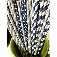 125 Navy and silver Paper Straws - Party DIY, Mason Jars, Baby Shower, Chevron and Polka Dots