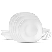 Bormioli Rocco Parma 18 piece Dinnerware Set, Tempered Opal Glass, Clean White, Linear & Curved Design, Sets For 6, Dishwasher Safe, Made In Spain.