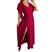 Solid Colour Flare Sleeve Trailing Split Dress Short -Neck Dresses Women' Clothing