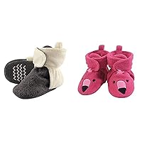 Hudson Baby Girl Cozy Fleece Booties 2-Pack, Heather Charcoal Cream Pink Flamingo, 18-24 Months