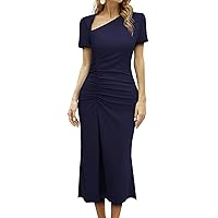 whoinshop Women's Ruched Retro 1950s Bodycon Asymmetrical V Neck Evening Cocktail Long Dress