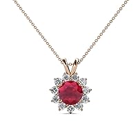 Ruby & Natural Diamond (SI2-I1, G-H) Floral Halo Pendant 1.28 ctw 14K Rose Gold 14K Gold Chain.