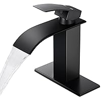 Qomolangma Black Waterfall Spout Bathroom Faucet, Single Handle Vanity Sink, Rv Lavatory Vessel Faucet Suitable for 1 or 3 Holes with 6 Inch Deck Plate & Hose Matte Black