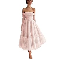Maxianever Sparkly Starry Tulle Prom Dresses with Gloves Women’s Tea Length Formal Evening Gowns for Teens