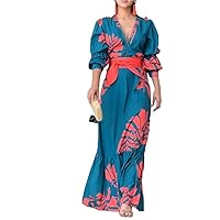 Sexy Elegant Long Dress Robes for Women V Neck Sleeve Loose Flower Laceup Casual Plus Female Clothing