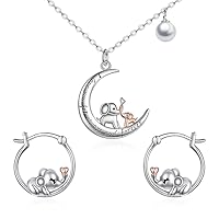 YAFEINI Elephant Necklace and Hoop Earrings 925 Sterling Silver Cute Elephant Jewelry Set