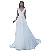 Women's V Neck Lace Long White Wedding Dress with Gauze Cap Sleeve Tailoring Prom Bridal Dress