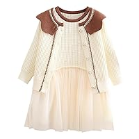 IMEKIS 2PCS Toddler Girls Knitted Buttons Sweater Cardigan and Sleeveless Splice Mesh Ruffle Party Princess Dress Outfit