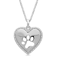 Jewelili Sterling Silver Dog Paw Heart Pendant Necklace with Natural White Round Diamonds, 18