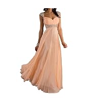 Peach Cap Sleeves Long Prom Dresses Graduation Party Dresses with Empire Waist for Women
