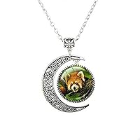 Red Panda Bear Pendant Necklace Jewelry, Vintage Necklace Glass Animal Moon Necklace