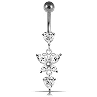 CZ Gemstone 2 Heart with Butterfly Dangling 925 Sterling Silver Belly Ring Body jewelry