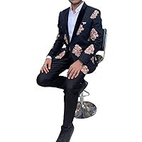 Black Mens Shawl Collar Blazer Decorated with Floral Motifs SBM1090