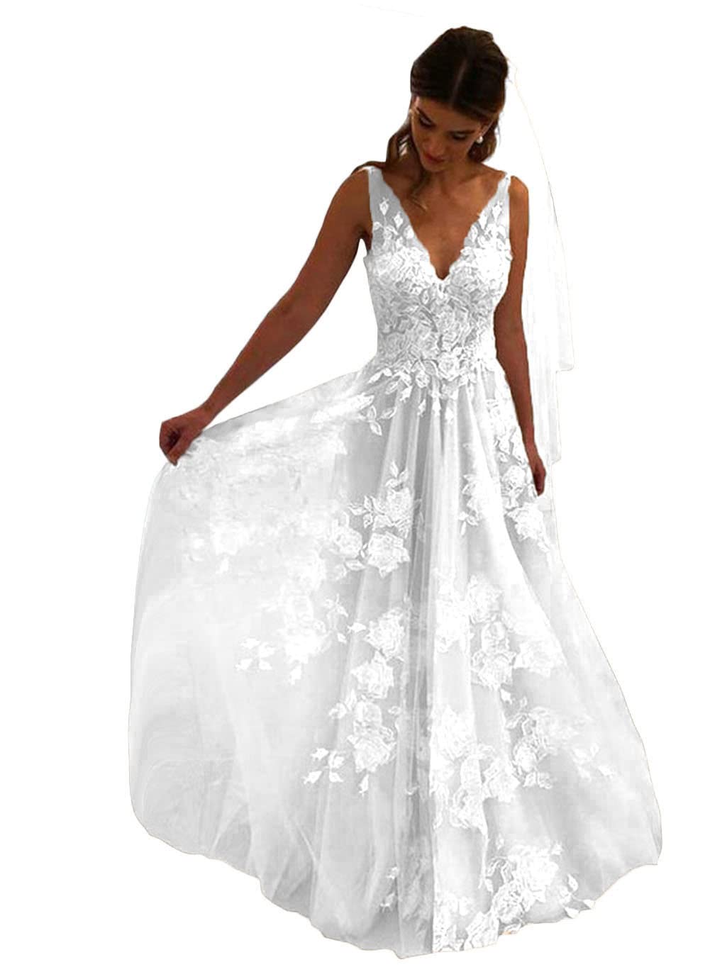 Tsbridal Women Wedding Dresses A-line V-Neck Tulle Lace Backless Boho Wedding Gown Bridal Dresses