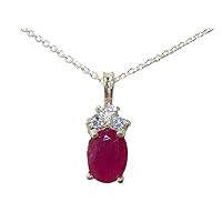 Solid 925 Sterling Silver Natural Ruby & Diamond Pendant & Chain (0.18 cttw, H-I Color, I2-I3 Clarity)