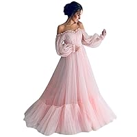 Womens Off Shoulder Wedding Dresses Long Sleeve Mesh Dresses Tulle A-Line Puffy Bridal Long Maxi Gowns Photography