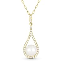 14K White Gold Round Shape 1.80ct Pearl & .11ct White Diamond Pendant Necklace