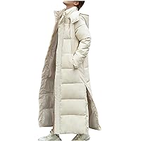 Womens Maxi Length Long Sleeve Puffer Jacket, Button Down Warm Winter Thicken Hooded Casual Puffy Down Coats