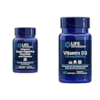 60-Count Super Digestive Enzymes & 5000 IU Vitamin D3 Capsules for Digestion, Bone, Brain, Immune Health