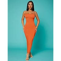 Women's Dress Solid Criss-Cross Backless Bodycon Dress (Color : Orange, Size : X-Small)