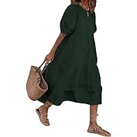 LOEL Women's Summer Casual Boho Dress Solid Color Ruffle Short Sleeve High Waist Midi Plus Size Beach Dresses