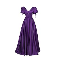 Women's Puffy Sleeve Prom Dresses Vintage Princess Ball Gown Satin Formal Wedding Party Dress R026
