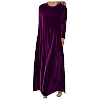 Velvet Maxi Dress for Women Long Sleeve Crewneck Shirts Vintage Dress Casual Plus Size Solid Pullover Dress Tunic Tops