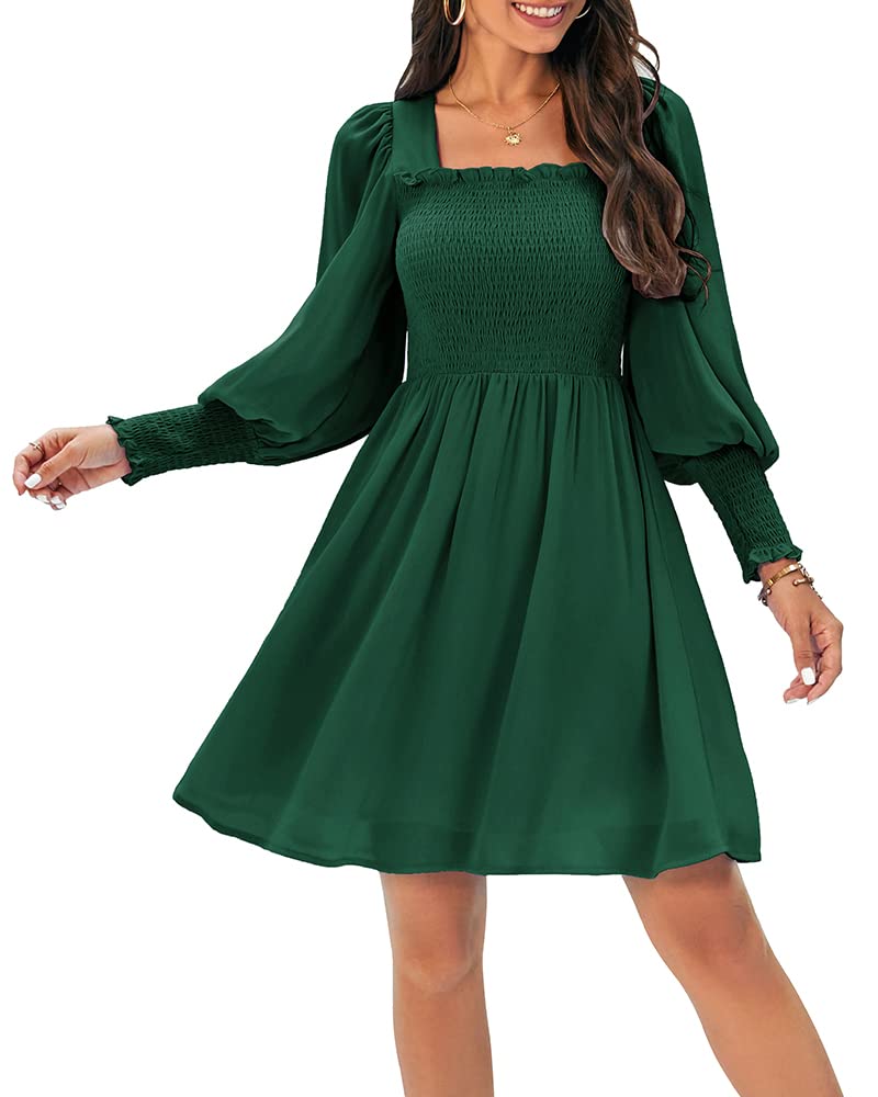 Damorong Women's 2023 Spring Summer Dresses Square Neck Smocked Casual Flowy Puff Long Sleeve Ruffle Party Mini Dress Beach