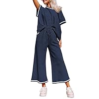 SHEWIN Women's 2 Piece Outfits Sweatsuit Casual Short Sleeve Pullover Tops and Drawstring Wide Leg Pants Lounge Sets
