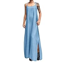 Denim Dress for Women Solid Color Sexy Loose Sleeveless Halter Split Long Slip Dress