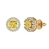 1.54cttw Round Cut Halo Solitaire Genuine Canary Yellow Unisex Designer Solitaire Stud Screw Back Earrings 14k Yellow Gold