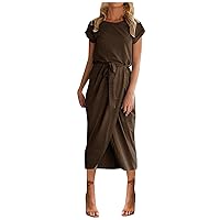 Summer Short Sleeve Cocktail Women's Shift Elegant Travel O-Neck Lightweight Polyester Wrap Dress for Women