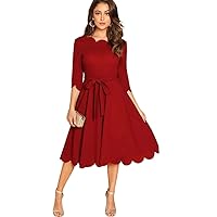 Fall Dresses for Women 2023 Scallop Trim Belted Skater Dress Dresses for Women (Color : Red, Size : Small)