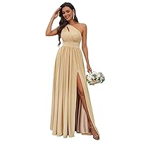 VCCICANY Women's One Shoulder Bridesmaid Dress with Slit Long Pleated Chiffon Prom Gown