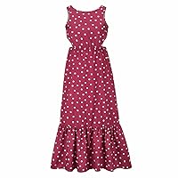 Womens Summer Dress Sleeveless Strap Adjustable Backless Side Hollow Out Sundress Polka Dot Long Dress (as1, Alpha, s, m, Regular, Regular, Red, M)