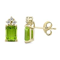 6x4MM Emerald Shape Natural Gemstone And Three Stone Diamond Earrings in 14K White Gold and 14K Yellow Gold (Available in Garnet, Ruby, Tanzanite, and More)