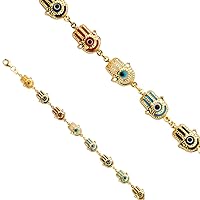 14K Yellow Gold Hamsa Multi Color Evil Eye Bracelet | Gold Chain Bracelet for Women and Men | Solid Gold Bracelets for Mens Womens Girls 14k Real | Christmas Gift Valentines Birthday New Year Gifts For Her | Weight 5.5 | Jewelry Gift Box