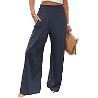 Women Wide Leg Pants High Waisted Cotton Palazzo Pants Work Long Trousers with Pockets
