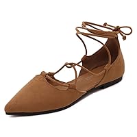 Meeshine Womens D'Orsay Pointy Toe Ankle Strap Wrap Ballet Flats Lace Up Flat Shoes