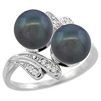 14k White Gold Diamond 7mm Round Black Brown Pink White Pearl Bypass Ring 0.05 ct Brilliant cut, size5-10